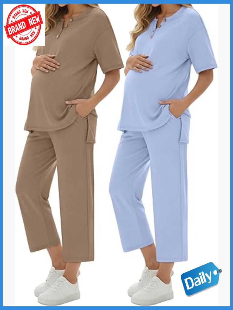 2 Pack Maternity Lounge Set - Short Sleeve Top & Capri Pants Summer Sleepwear